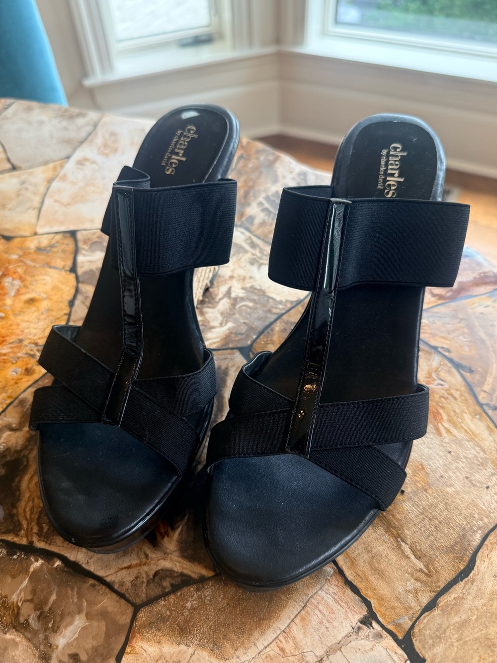 Charles By Charles David Black Elastic T-Strap Slide Sandals